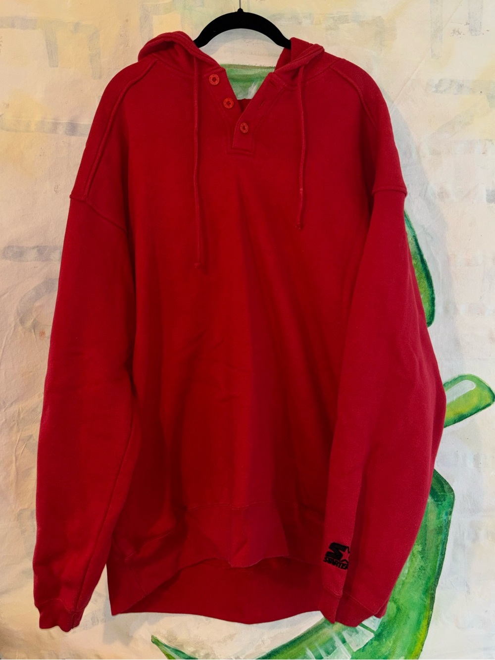 Vintage STARTER Red Men's Hooded Henley Sweatshirt - Boyfriend Hoodie